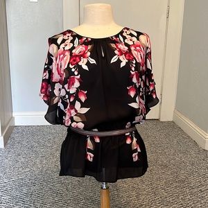 White House Black Market, black floral blouse, size M